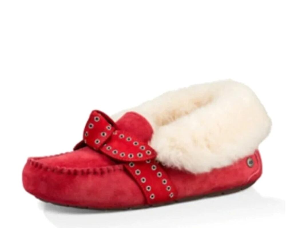 UGG Poler Fully Lined Suede Wool Moccasin Slippers Lipstick Red Sz 8